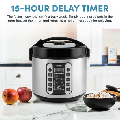 AROMA Digital Rice Cooker, 4-Cup (Uncooked) / 8-Cup (Cooked), Steamer, Grain Cooker, Multicooker, 2 Qt, Stainless Steel Exterior, ARC-914SBD