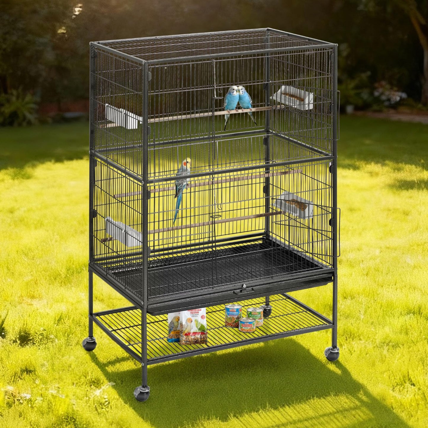 VEVOR Bird Cage, 24.6 x 16.7 x 53.9 inch, Flat Top, Wrought Iron Bird Flight Cage with Perches, Slide-Out Tray and Plastic Feeders, Casters, for Parrot, Blue Tit, Cockatiel, Canary, Budgerigar, Conure