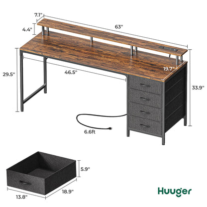 Huuger 47 Inch Computer Desk with Power Outlets and LED Lights, Gaming Desk with 4 Drawers, Office Desk with Monitor Stand, Study Work Home Office, Small Spaces, Black
