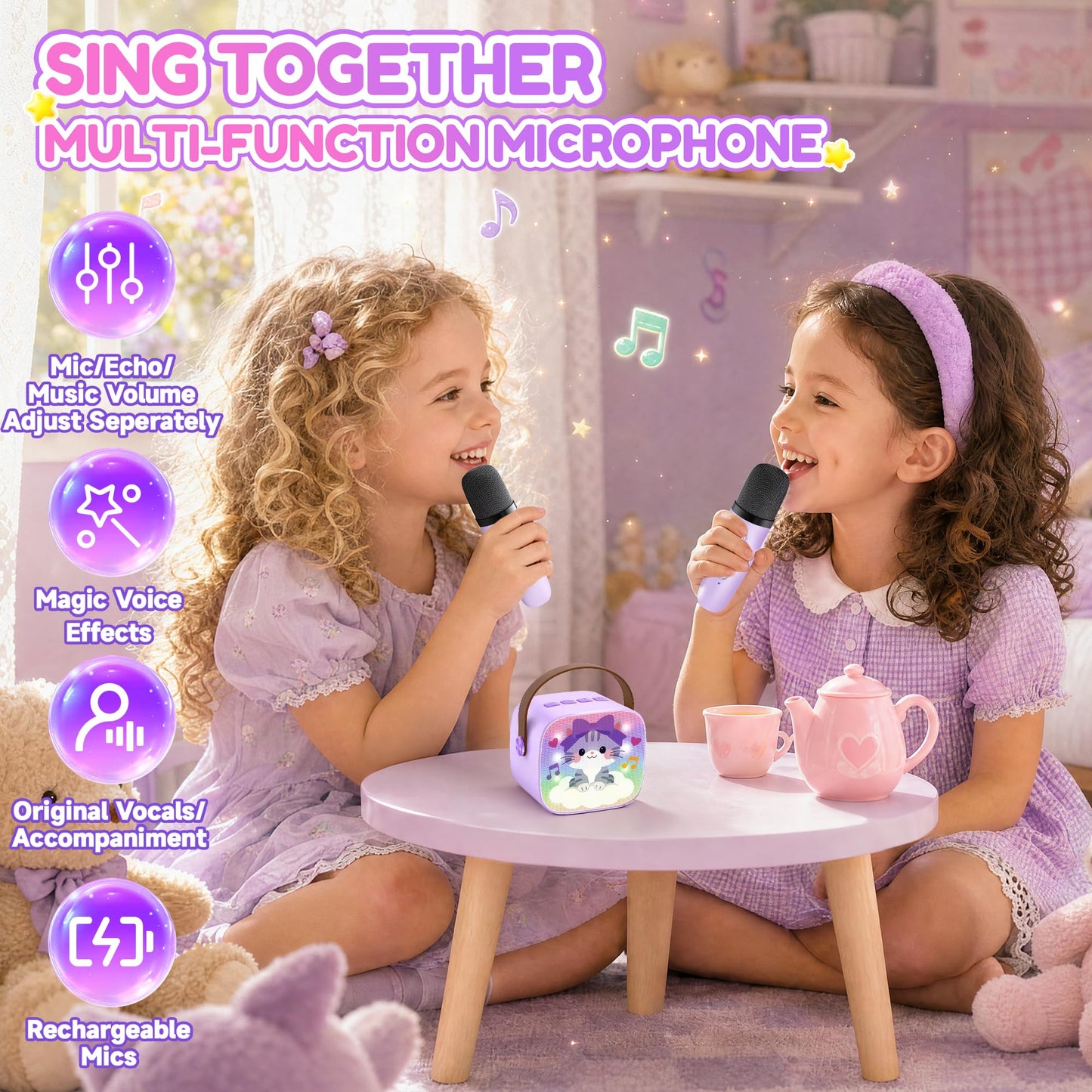 YLL Mini Karaoke Machine for Kids Adults, Portable Bluetooth Speaker with 2 Wireless Microphones, Trendy Birthday Gifts Toys for Girls Ages 3, 4, 5, 6, 7, 8, 9, 10+ Years Old Home Family Party (P-ink)