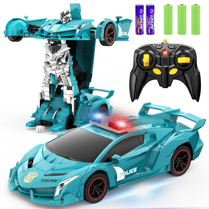 FDJ Remote Control Car - Transform Toys Car Robot, One Button Deformation to Robot with Flashing Light, 2.4Ghz 1:18 Scale Transforming Police Car Kids Toys with 360 Degree Rotating, Girls Boys Toys