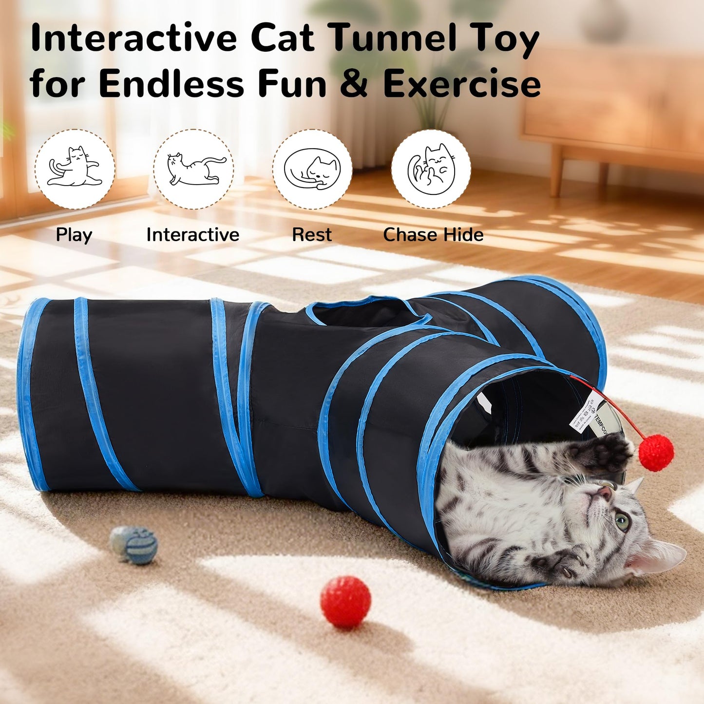 Tempcore Pet Cat Tunnel Tube Toys 3 Way Collapsible, Tunnels for Indoor Cats, Interactive Tube with Teaser Wand, Peek Holes & Hanging Ball, Black & Blue