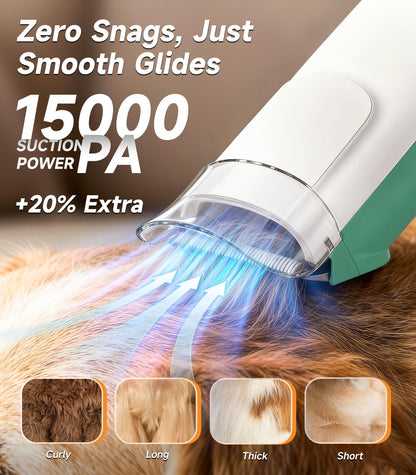 Buenkee Dog Grooming Vacuum Kit, 15000Pa Clipper, Shedding Brush, 2L, White | Brush, trim and deshed at home with less flying fur, mess-control suction and fewer emptying breaks during longer sessions