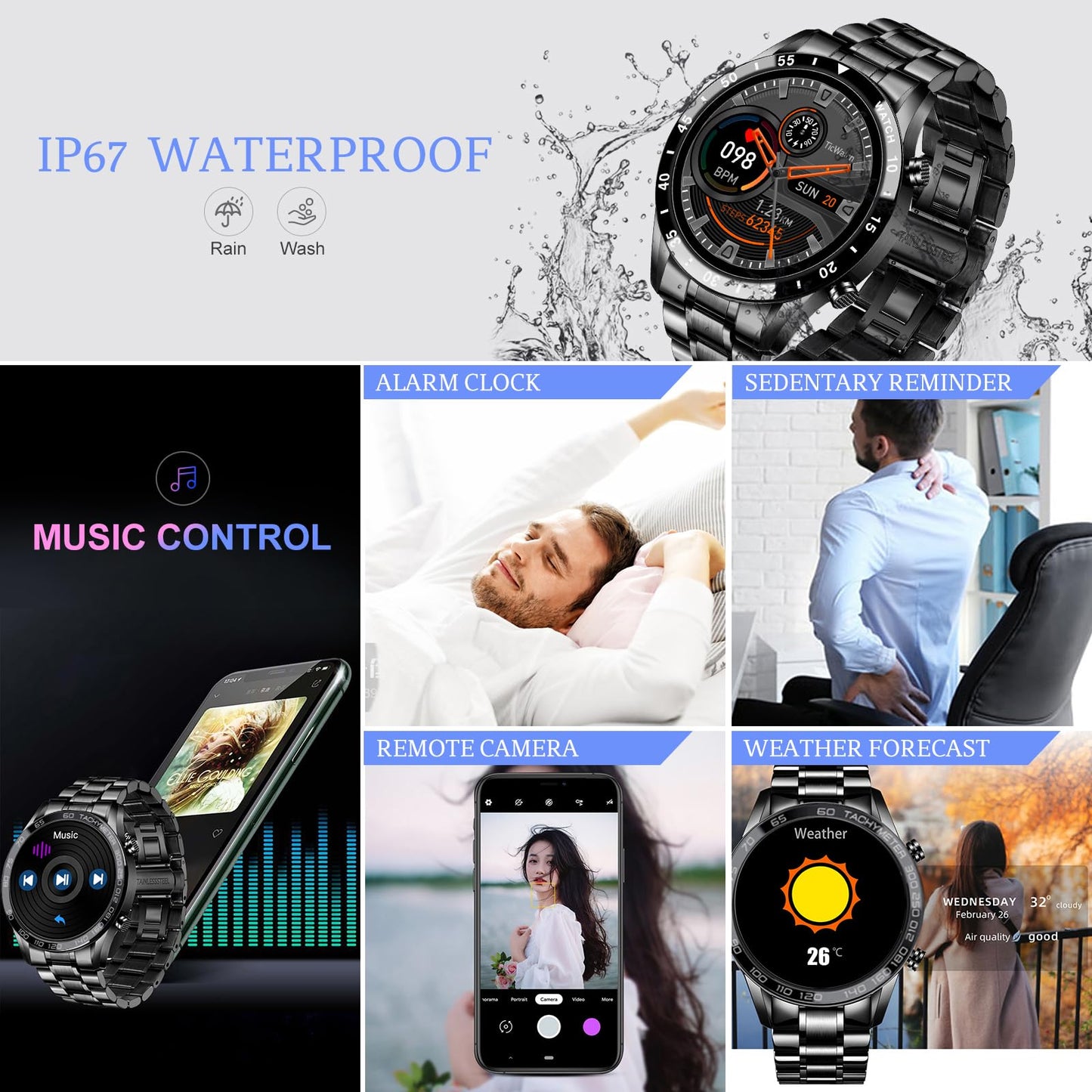 Men Smart Watch for Android iOS, Bluetooth Calls Voice Chat with Heart Rate/Sleep Monitor Fitness Tracker, 1.3" Full Touch Screen IP67 Waterproof Stainless Steel Activity Tracker for Men