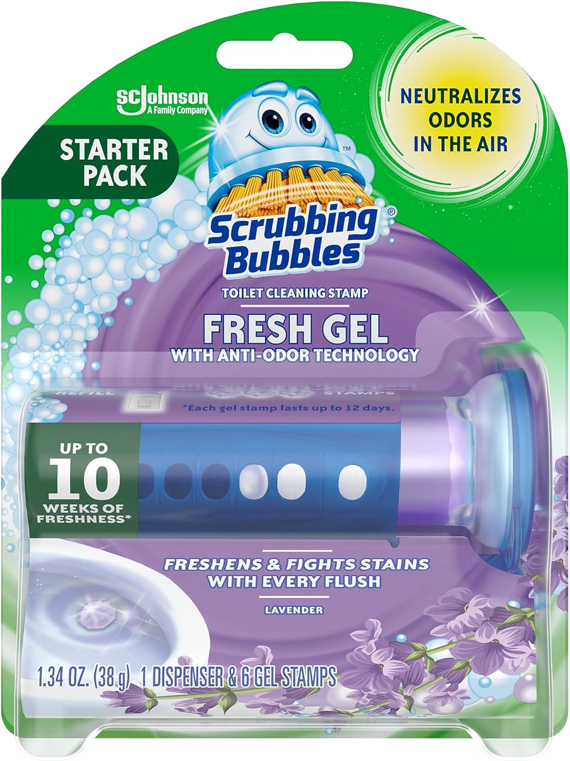 Scrubbing Bubbles Fresh Gel Toilet Bowl Cleaning Stamps, Helps Keep Toilet Clean and Helps Prevent Limescale & Rings, Lavender Scent, 1 Dispenser with 6 Fresh Gel Stamps (Pack of 2)