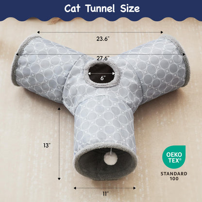 Tempcore Pet Cat Tunnel Tube Toys 3 Way Collapsible, Tunnels for Indoor Cats, Interactive Tube with Teaser Wand, Peek Holes & Hanging Ball, Black & Blue