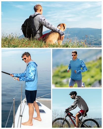 FISHEAL Men's Performance Fishing Hoodie Shirt - UPF 50+ UV Sun Protection Long Sleeve Shirts with Mesh Face Mask