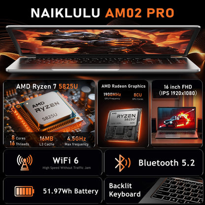 Gaming Laptop, 16 Inch Lap Top Computer 2026 with Ryzen 7 5825U Processor, 16GB DDR4, 1T SSD, Window 11 Pro, Backlit Keyboard, FHD Display 1920*1080P, WiFi 6, HDMI, for Student, Office, Business