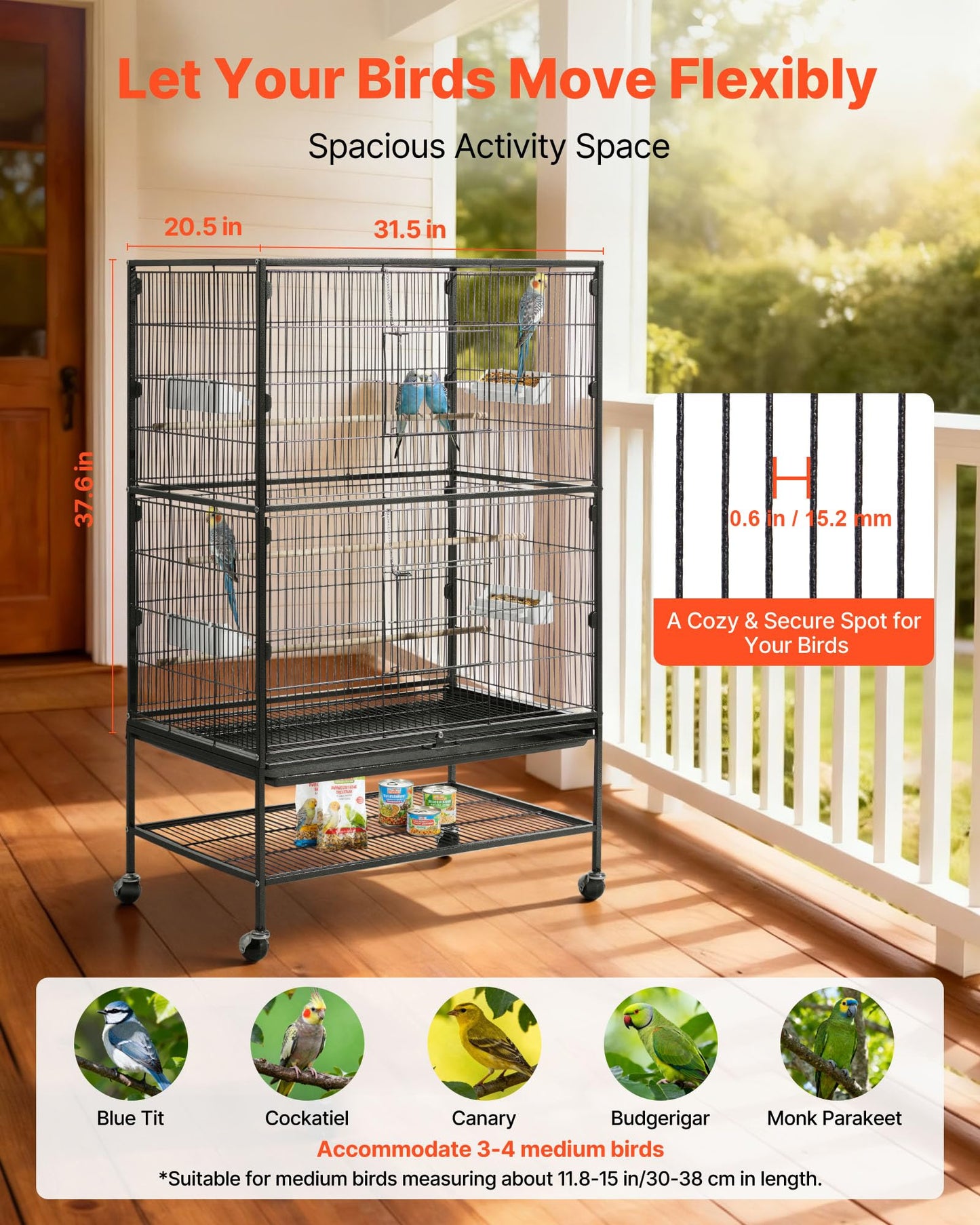 VEVOR Bird Cage, 24.6 x 16.7 x 53.9 inch, Flat Top, Wrought Iron Bird Flight Cage with Perches, Slide-Out Tray and Plastic Feeders, Casters, for Parrot, Blue Tit, Cockatiel, Canary, Budgerigar, Conure