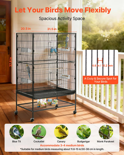 VEVOR Bird Cage, 24.6 x 16.7 x 53.9 inch, Flat Top, Wrought Iron Bird Flight Cage with Perches, Slide-Out Tray and Plastic Feeders, Casters, for Parrot, Blue Tit, Cockatiel, Canary, Budgerigar, Conure