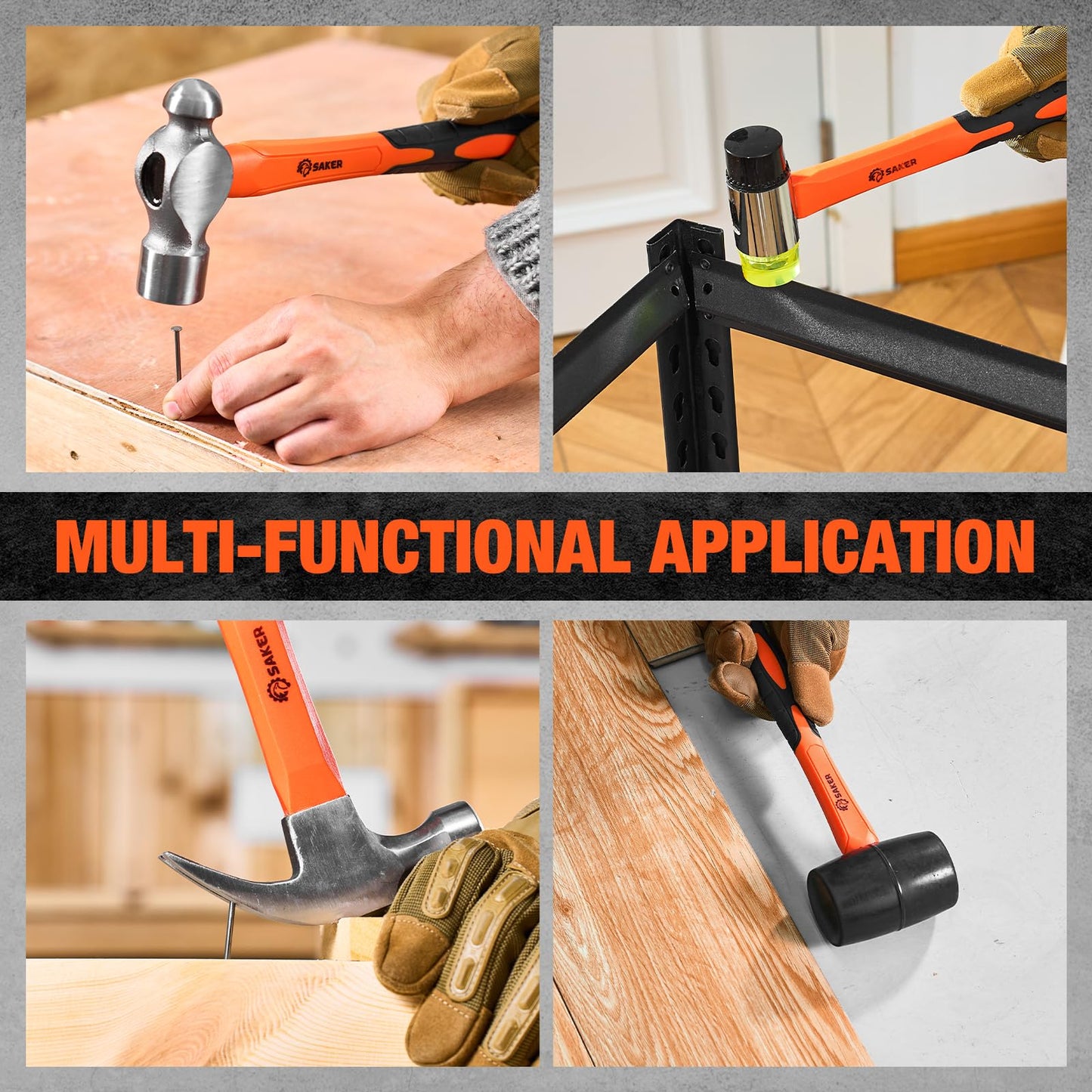 Saker 5-Piece Hammer Set,3lb Sledge Hammer,16oz Rubber Mallet, 16oz Ball Peen Hammer & Claw Hammer, 7oz Cross Peen Hammer for Home Repair & DIY Projects