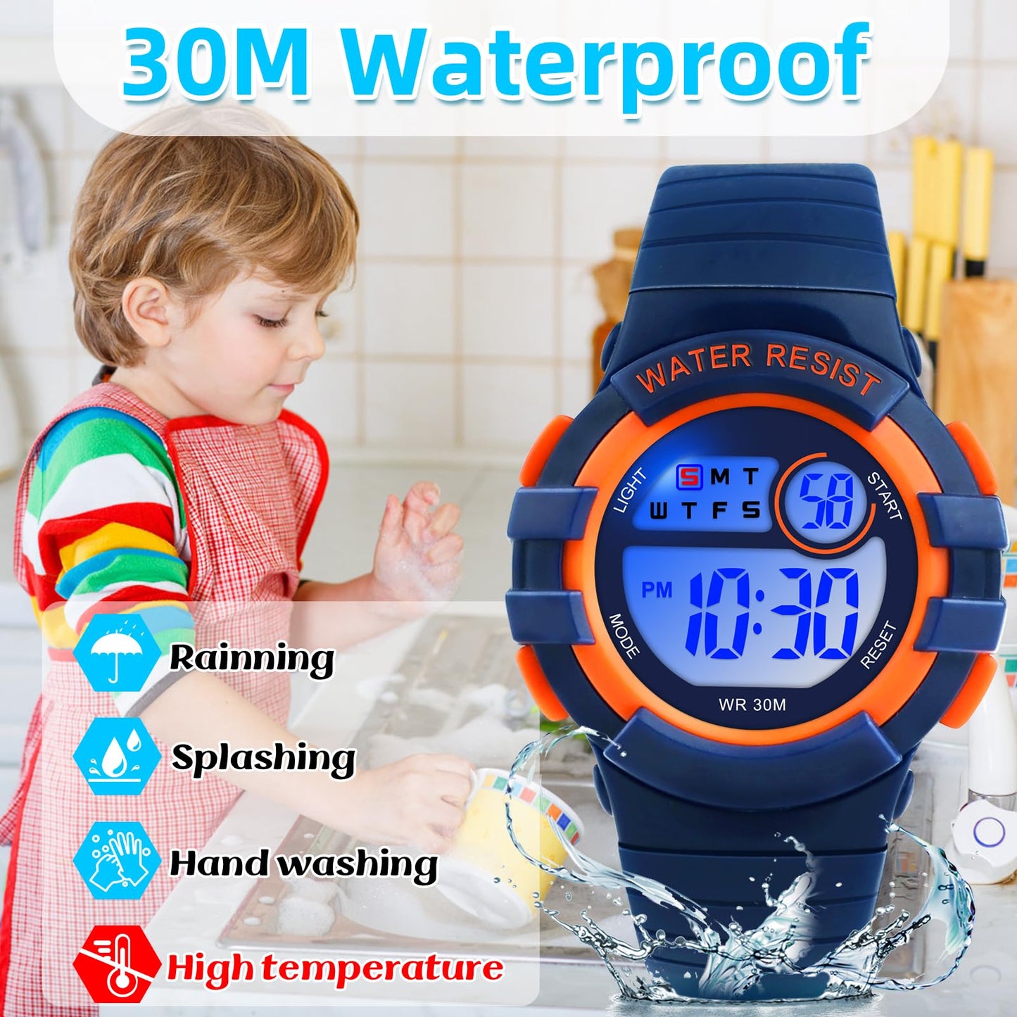 DTKID Digital Kids Watch 30 M Waterproof, 7 Color Lights Time Teaching Watch Easy to Read for Girls Boys 5-16