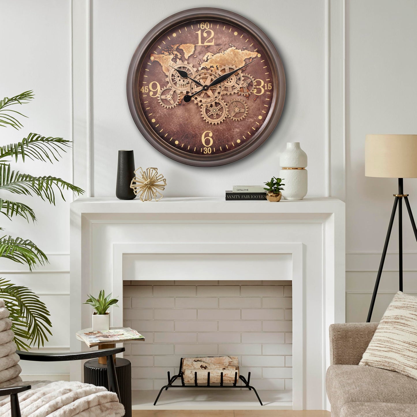 CLXEAST Mid Century Minimalist Modern Wall Clocks,24 Inch Wall Clock with Moving Gears, Large Cream Gold Wall Clocks for Living Room Decor,House Warming Gifts New Home