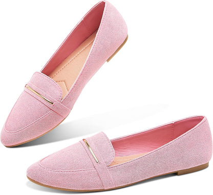 Obtaom Women's Pointy Toe Loafer Flat Comfortable Faux Suede Work Shoes,Cute Penny Loafer Slip On Ballet Flat