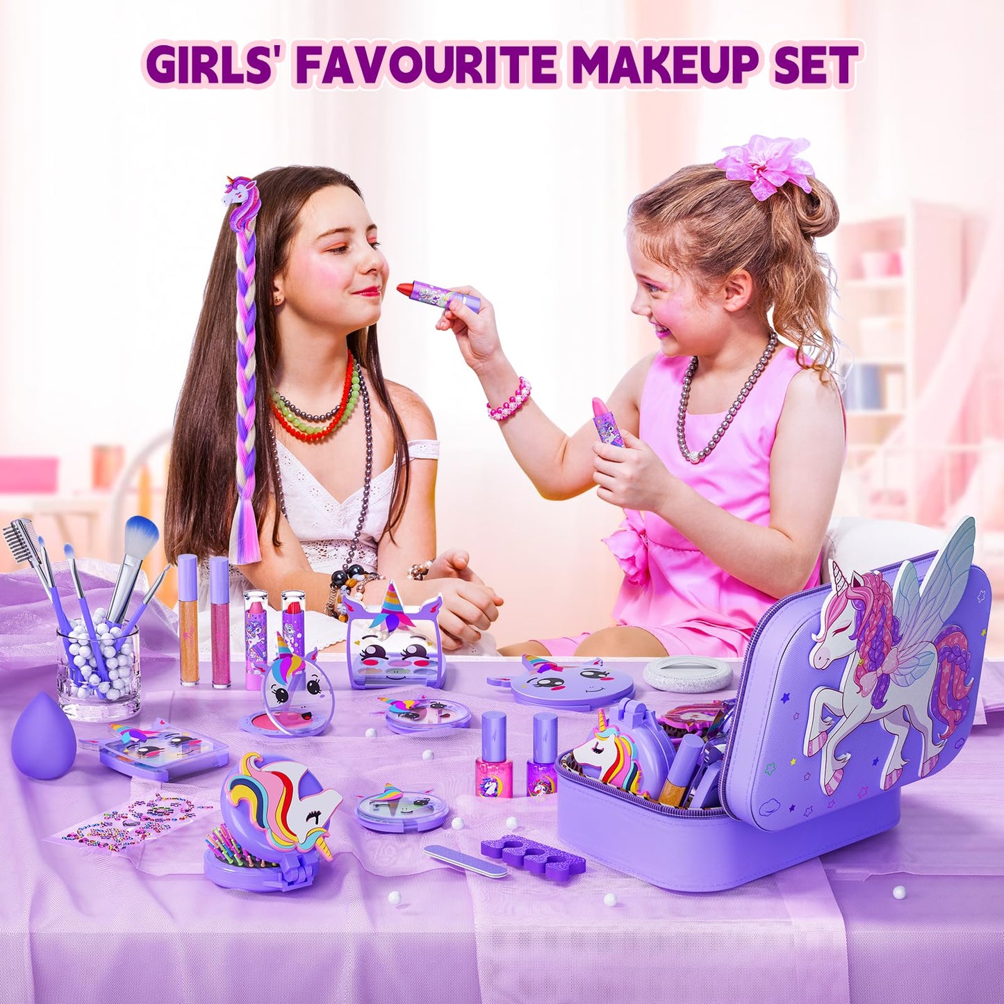 Beayuck Kids Makeup Kit for Girls - Girls Makeup Kit Toys, Real Washable Cosmetic Set with Storage Case, Kids Play Makeup Set for Christmas Birthday Gift 3 4 5 6 8 10 11 12+ Years Old, Pink