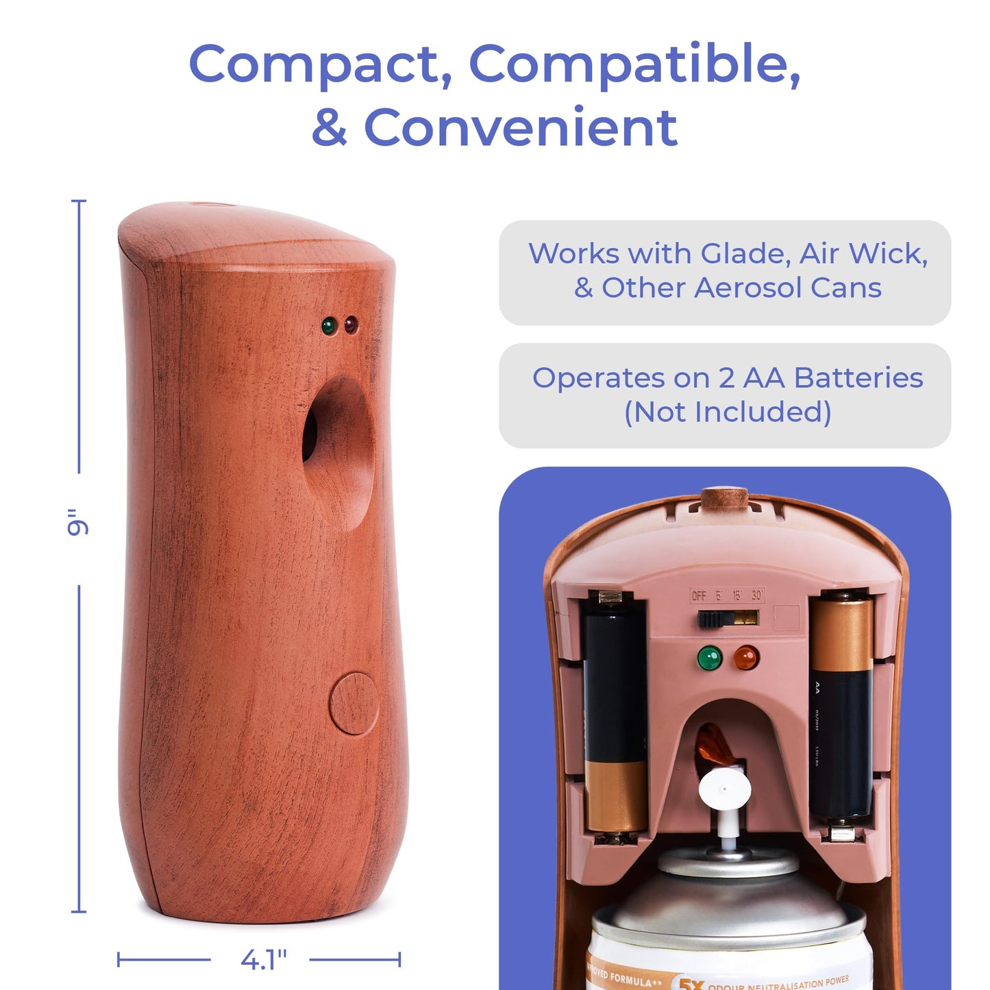 Automatic Air Freshener Spray Dispenser: Automatic Spray Dispenser with Elegant Wood Design for Commercial or Home Use (1-Pack), Battery Powered Free Standing or Wall Air freshener, Three Time Release