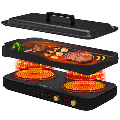 COOKTRON Double Induction Cooktop Burner with Fast Warm-Up Mode, 1800w 2 Burner with 10 Temperature 9 Power Settings, Portable Dual Induction Cooker Cooktop with Child Safety Lock & Time
