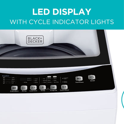 BLACK+DECKER 0.9 Cu. Ft. Portable Washer, 6.6 lb. Capacity Washing Machine for Homes & Apartments, 5 Wash Cycles, Quick Connect Sink Adapter and Drain Hose Included, LED Display, BPWM09W, White