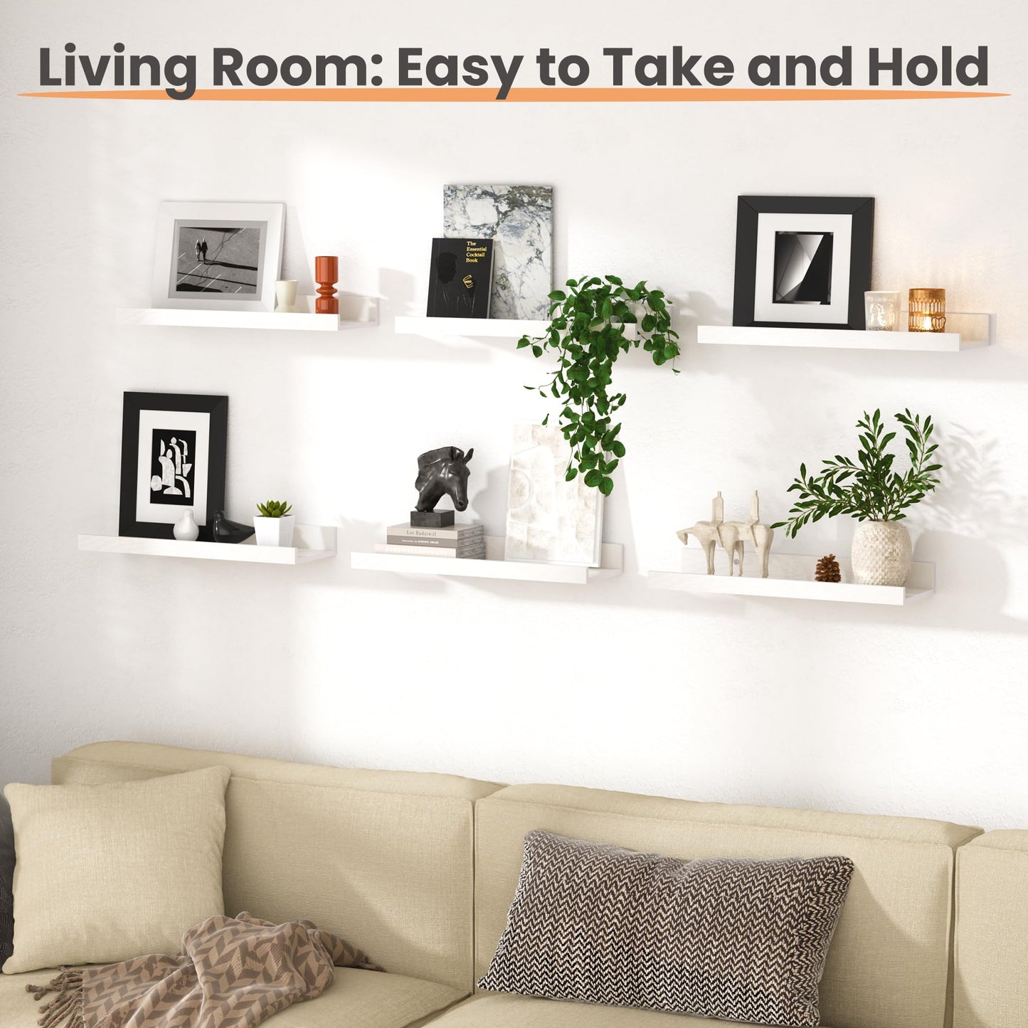 upsimples Floating Shelves for Wall, Wall Shelves for Decor Storage Set of 6, Wall Mounted Wood Shelf for Bedroom, Living Room, Bathroom, Kitchen, Picture Ledge Shelf, Black