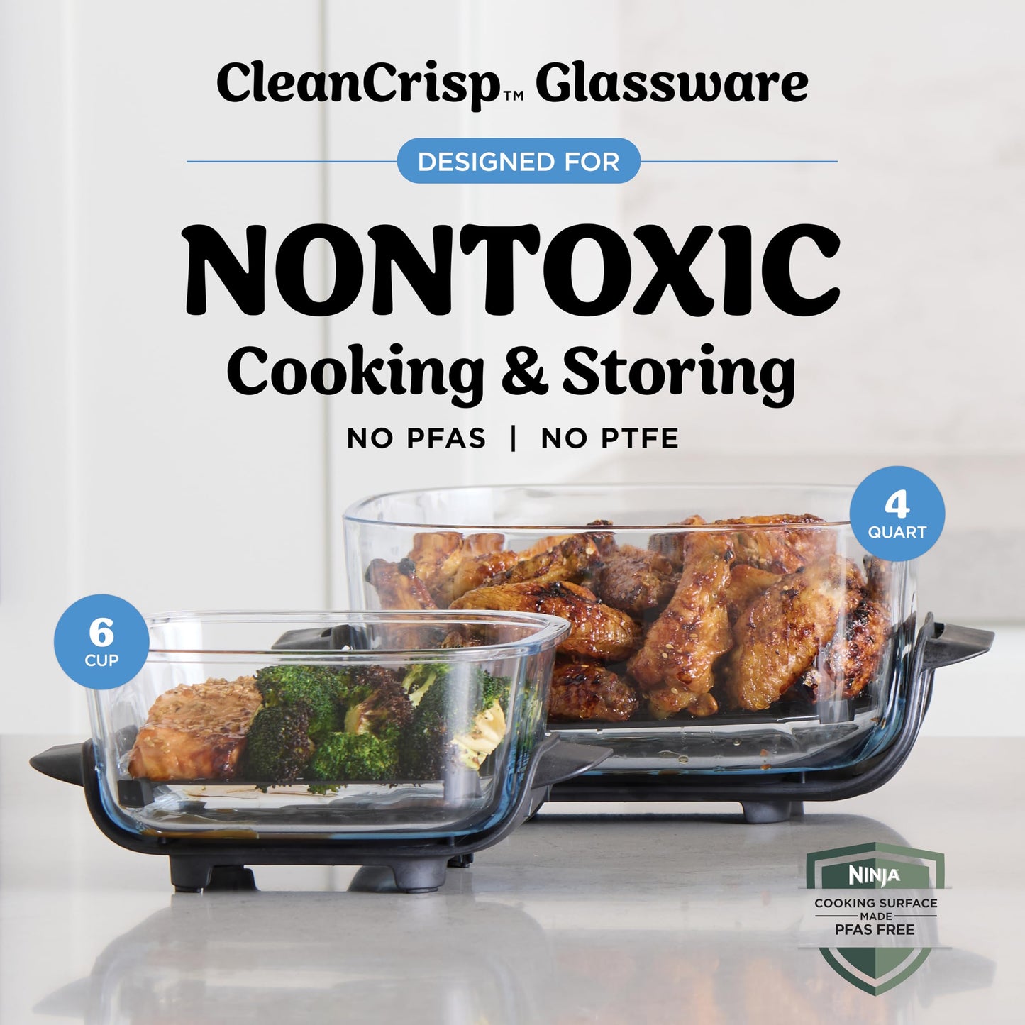 Ninja Crispi 4 in 1 Glass Air Fryer, 450°F, Non Toxic, 4QT and 6 Cup Containers with Lids, Dishwasher Safe, Cyberspace Gray, 1 Count, FN101GY