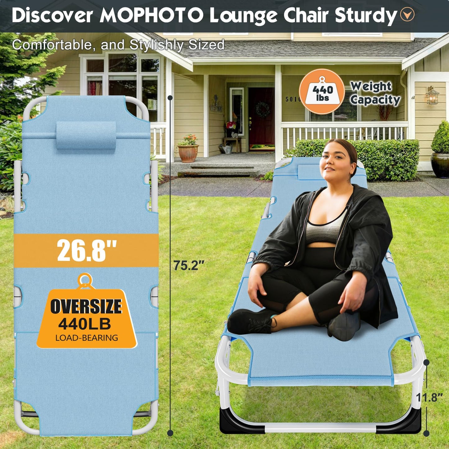 MOPHOTO Folding Lounge Chair 5-Position, Folding Cot, Portable Outdoor Chaise Lounge Chair for Sun Tanning, Perfect for Pool Beach Patio Sunbathing