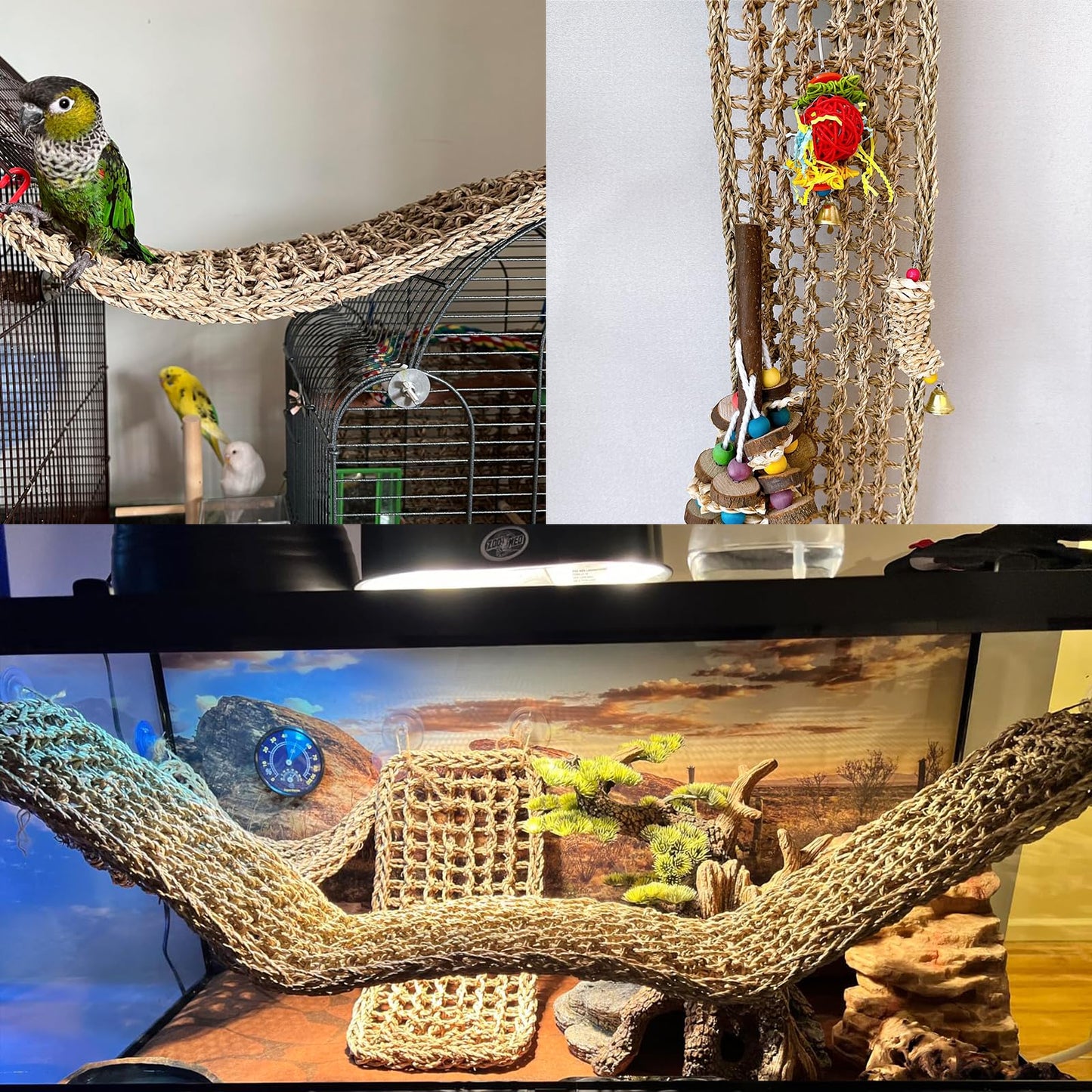 Bird Seagrass Mat 30 x 7 Inch Parrot Natural Seagrass Woven Net Hammock Parakeet Climbing Rope Ladder Mat Chew Toys Cage Accessories for Pigeon Macaw Cockatiel Conure Cockatoo Rat Bearded Dragon