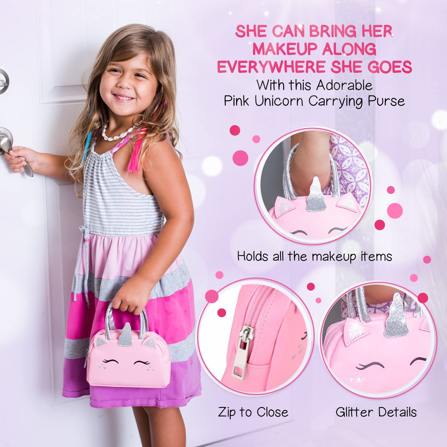 Kids Real Makeup Kit with Pink Unicorn Purse, Non Toxic Washable Make Up Set - Unicorn Toys for Girls Age 4-6, 5 Year Old Girl Birthday Gift Ideas, Toddler Little Girl Gifts 3 4 5 6 7 8 9 10 Years Old