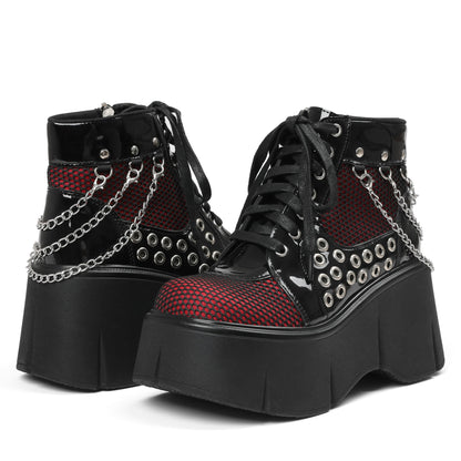 Women's Black Platform Boots Wedge Goth Round Toe Lace Up Chain Mesh Punk Combat Ankle Booties