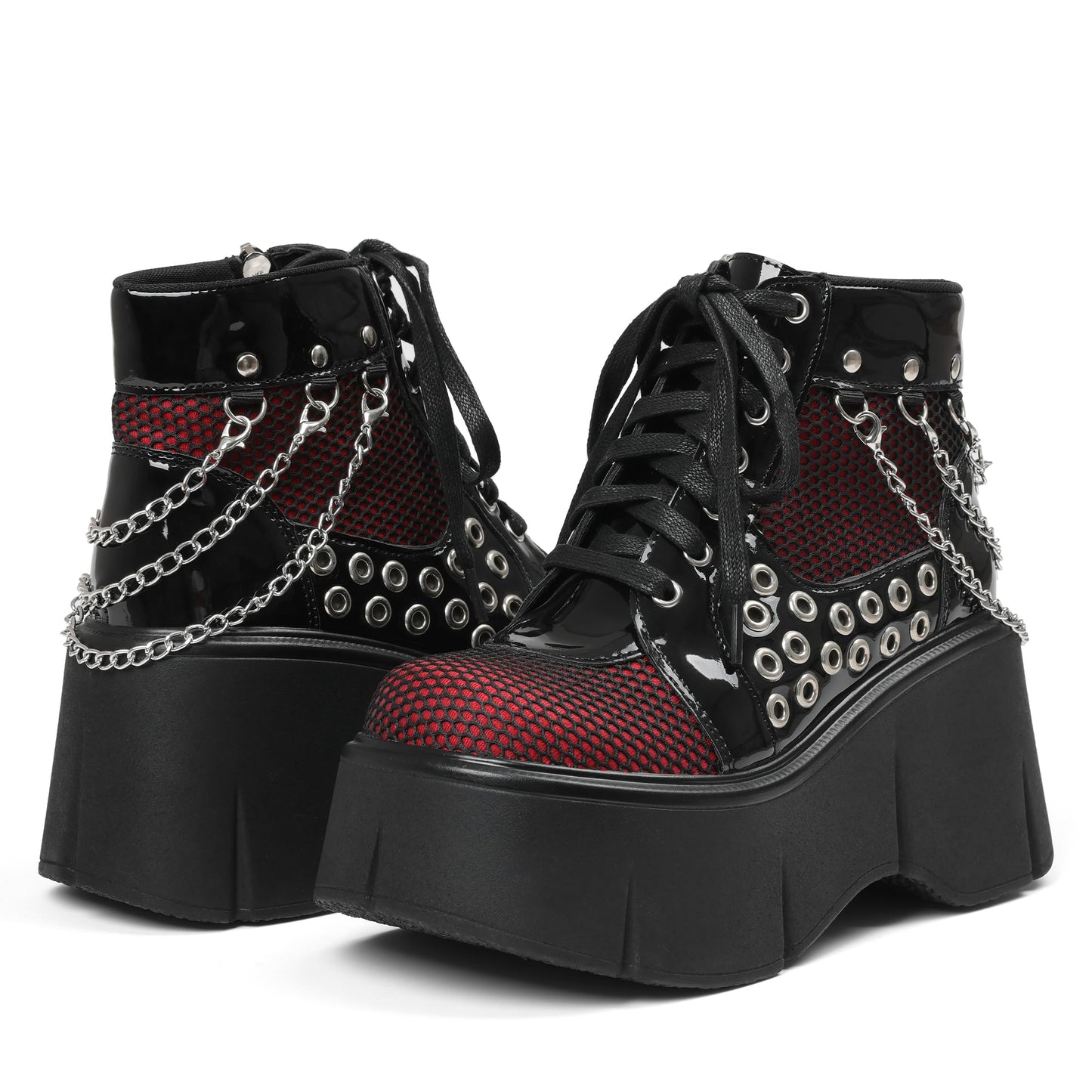 Women's Black Platform Boots Wedge Goth Round Toe Lace Up Chain Mesh Punk Combat Ankle Booties
