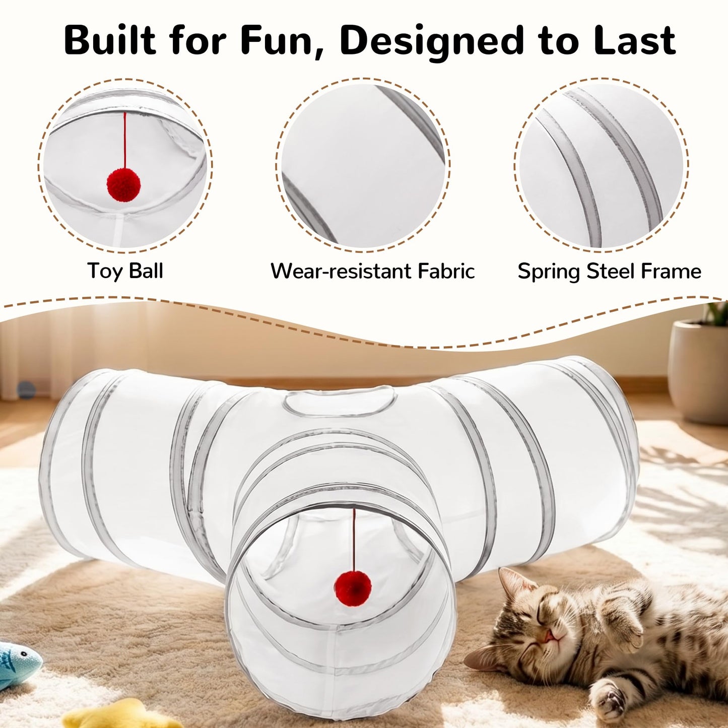 Tempcore Pet Cat Tunnel Tube Toys 3 Way Collapsible, Tunnels for Indoor Cats, Interactive Tube with Teaser Wand, Peek Holes & Hanging Ball, Black & Blue