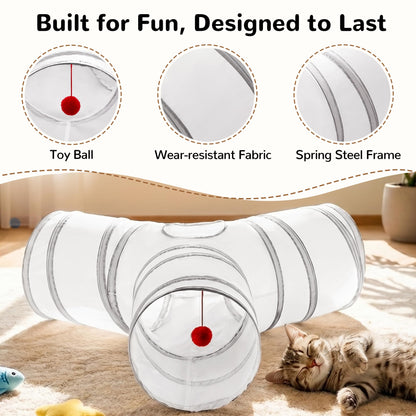 Tempcore Pet Cat Tunnel Tube Toys 3 Way Collapsible, Tunnels for Indoor Cats, Interactive Tube with Teaser Wand, Peek Holes & Hanging Ball, Black & Blue