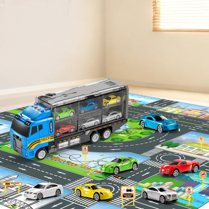 NIPLOOOW Toddler Boys Construction Truck Vehicle Toy Set with Play Mat and Die-Cast Toy Car, Transport Carrier Truck for Kids 3-5, Birthday Gifts Toys for 3-8 Year Old Boys