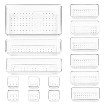 Vtopmart 25 PCS Clear Plastic Drawer Organizers Set, 4-Size Versatile Bathroom and Vanity Drawer Organizer Trays, Storage Bins for Makeup, Bedroom, Kitchen Gadgets Utensils and Office