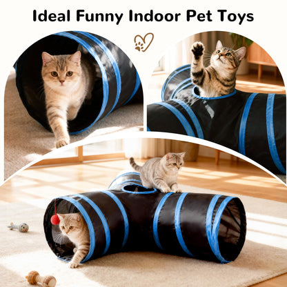 Tempcore Pet Cat Tunnel Tube Toys 3 Way Collapsible, Tunnels for Indoor Cats, Interactive Tube with Teaser Wand, Peek Holes & Hanging Ball, Black & Blue