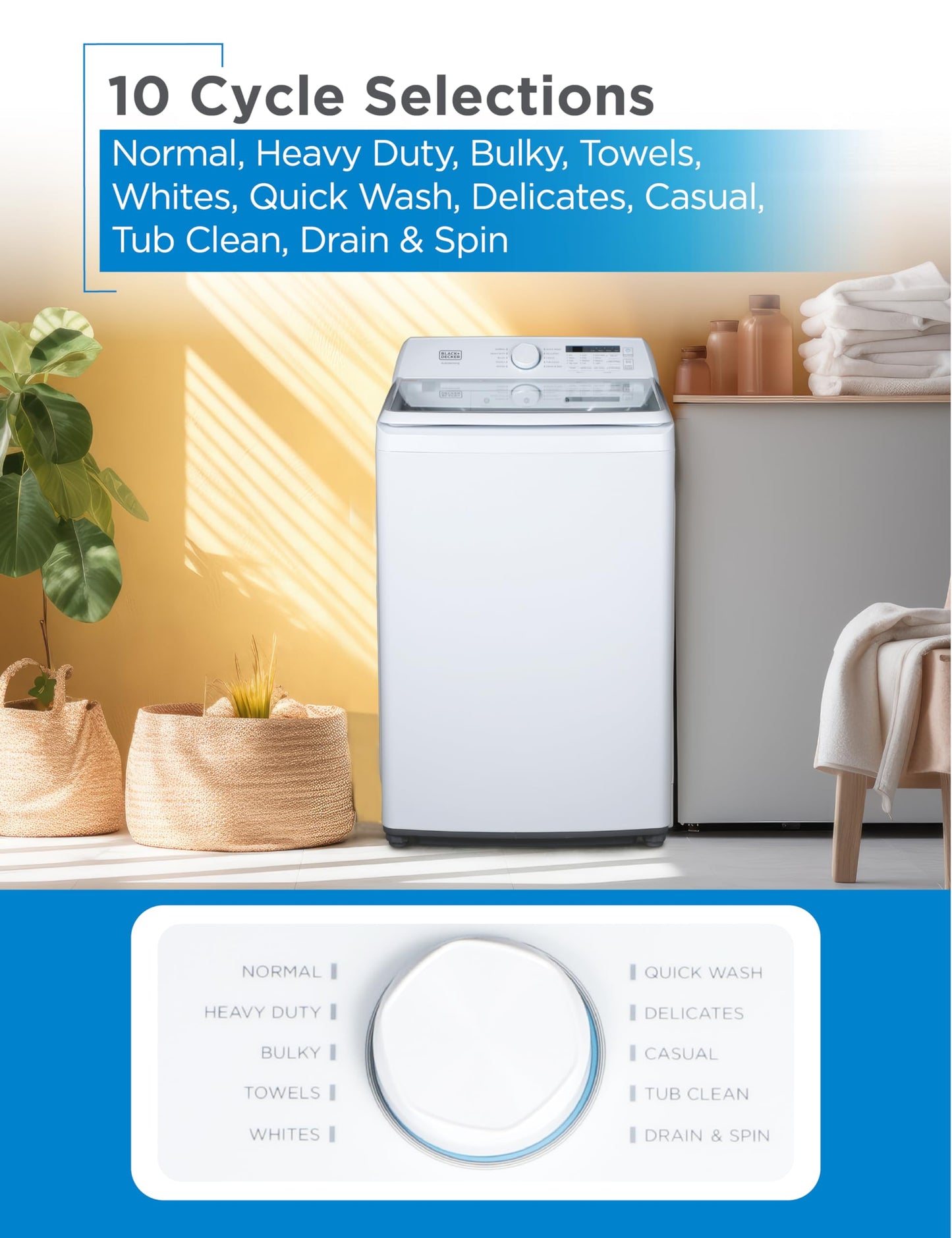 BLACK+DECKER 0.9 Cu. Ft. Portable Washer, 6.6 lb. Capacity Washing Machine for Homes & Apartments, 5 Wash Cycles, Quick Connect Sink Adapter and Drain Hose Included, LED Display, BPWM09W, White
