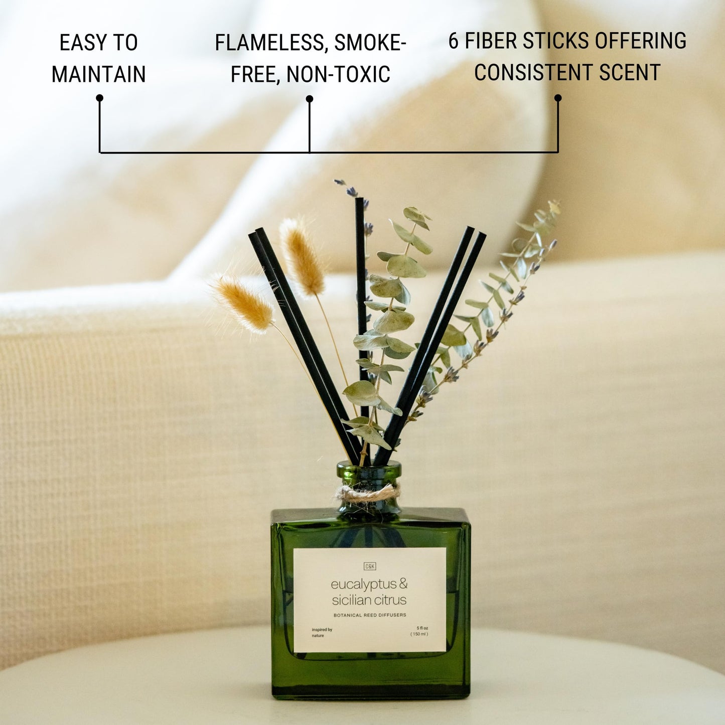 Craft & Kin Reed Diffuser with Dried Flowers | 5 oz Stone Fruit & Sage Scented Holiday Reed Diffusers for Home, Bathroom | Scent Sticks | Elegant Fragrance Home Decor for Men & Women
