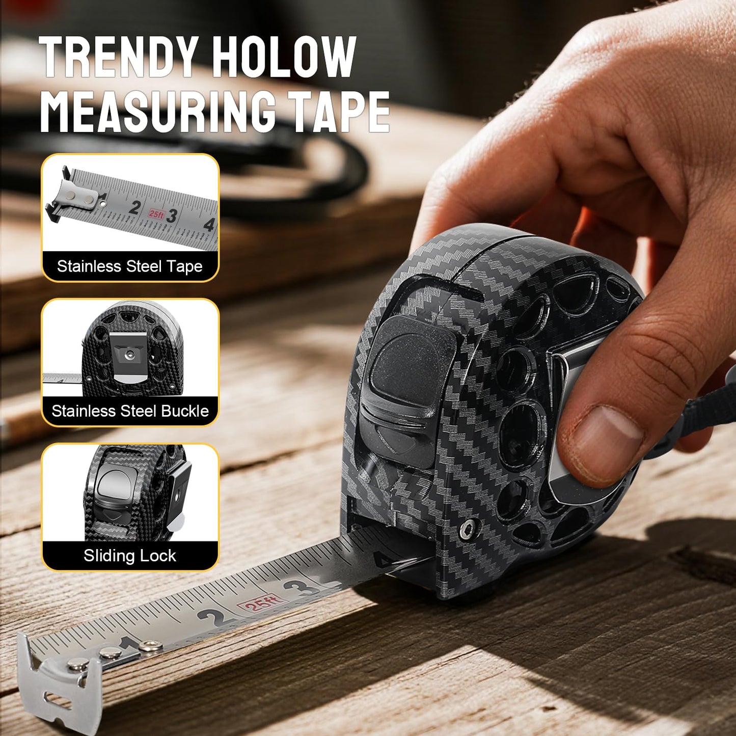 STEELITE Tape Measure 25'FT Stainless Steel Waterproof & Rustproof Retractable Measuring Tape with Hollow Design Carbon Fiber