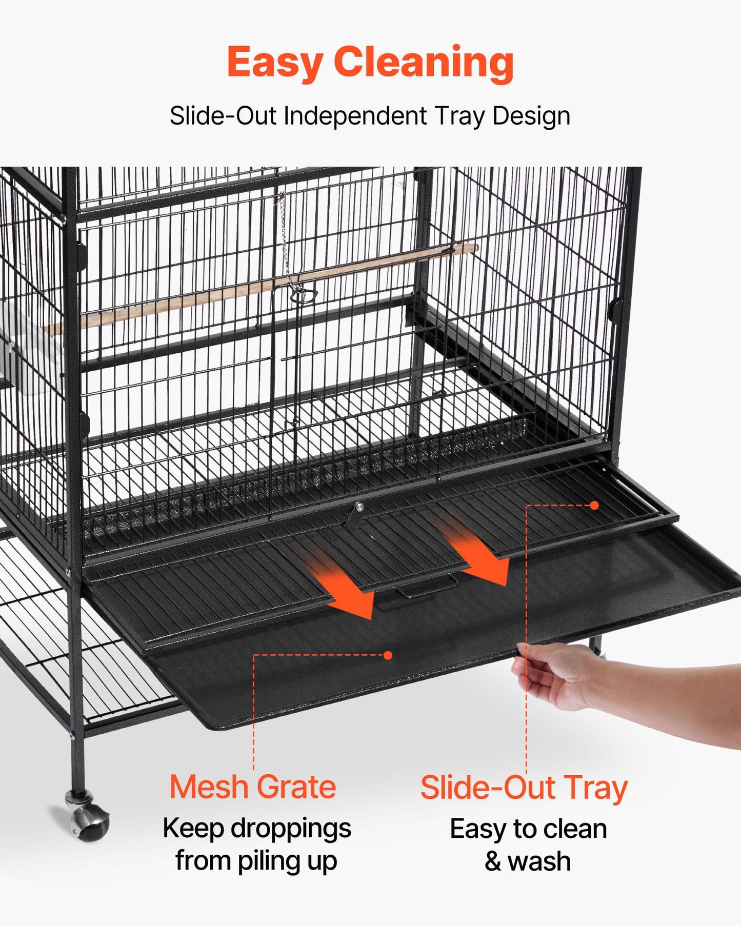 VEVOR Bird Cage, 24.6 x 16.7 x 53.9 inch, Flat Top, Wrought Iron Bird Flight Cage with Perches, Slide-Out Tray and Plastic Feeders, Casters, for Parrot, Blue Tit, Cockatiel, Canary, Budgerigar, Conure