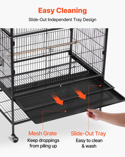 VEVOR Bird Cage, 24.6 x 16.7 x 53.9 inch, Flat Top, Wrought Iron Bird Flight Cage with Perches, Slide-Out Tray and Plastic Feeders, Casters, for Parrot, Blue Tit, Cockatiel, Canary, Budgerigar, Conure