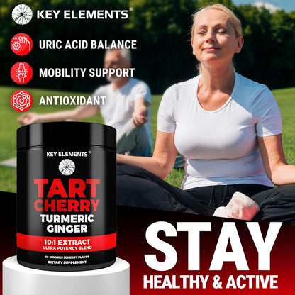 KEY ELEMENTS [Ultra Strength] Tart Cherry Gummies Extract with Turmeric & Ginger - Natural Tart Cherry Supplement for Uric Acid Cleanse Support & Recovery Gummies