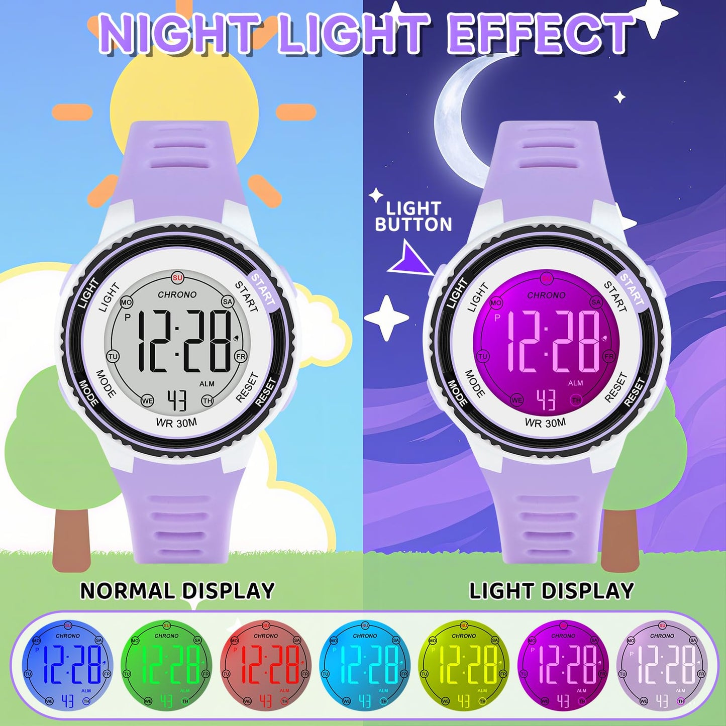 DTKID Digital Kids Watch 30 M Waterproof, 7 Color Lights Time Teaching Watch Easy to Read for Girls Boys 5-16