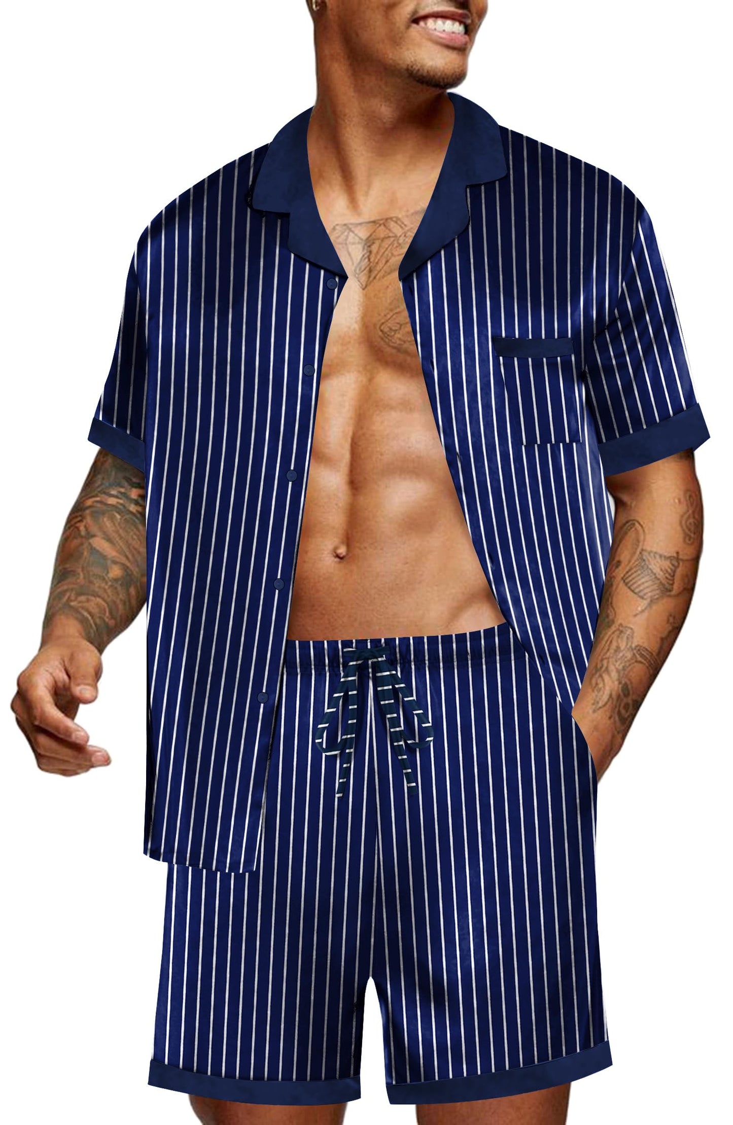 Ekouaer Men Satin Silk Pajamas Set with Pockets Sleepwear Shorts Satin Summer Loungewear 2 Piece Button Down Set S-3XL