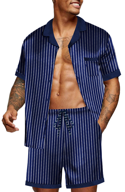 Ekouaer Men Satin Silk Pajamas Set with Pockets Sleepwear Shorts Satin Summer Loungewear 2 Piece Button Down Set S-3XL