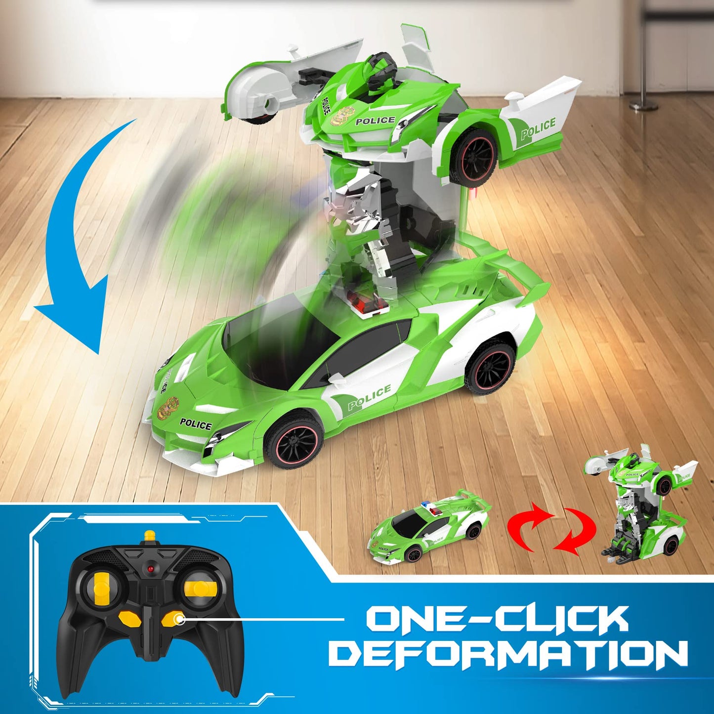 FDJ Remote Control Car - Transform Toys Car Robot, One Button Deformation to Robot with Flashing Light, 2.4Ghz 1:18 Scale Transforming Police Car Kids Toys with 360 Degree Rotating, Girls Boys Toys