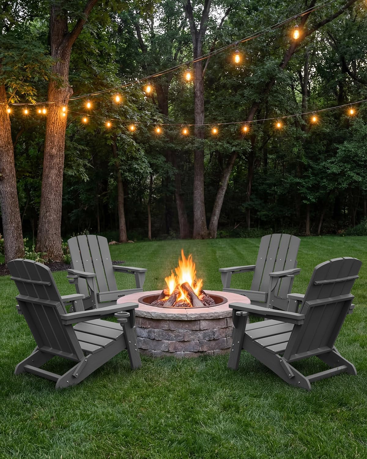 Folding Adirondack Chair, HDPE Adirondack Chairs with 2 Cup Holder, Plastic All-Weather Fire Pit Chairs, Outdoor Lawn Chair for Patio Garden (Grey)