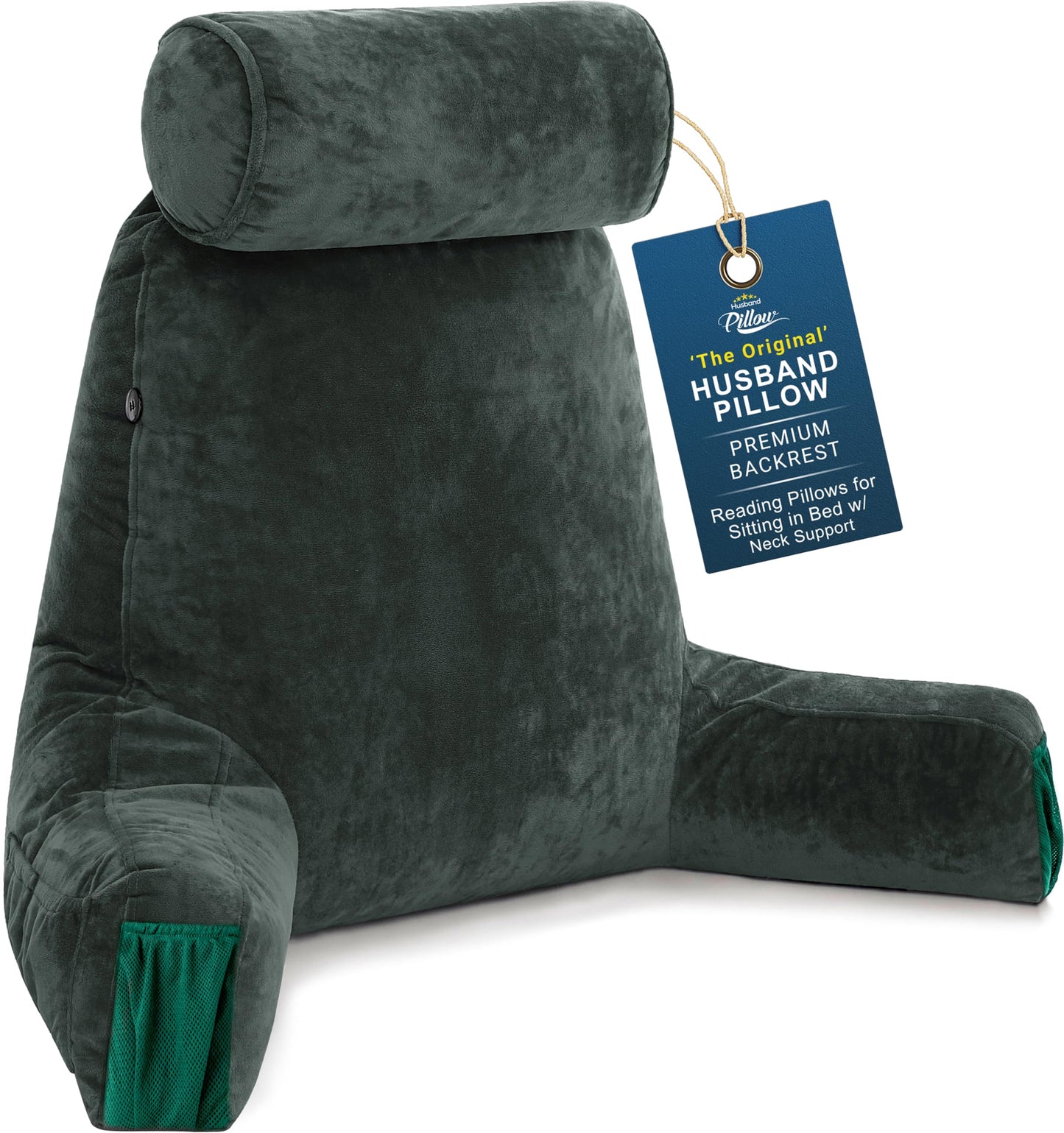 Husband Pillow XXL The Original for Adults - 30" Tall Backrest for Sitting Up in Bed - Firm Support Reading & Bed Rest Pillows for Adults, Neck Roll, Removable Cover - TV - Dark Grey