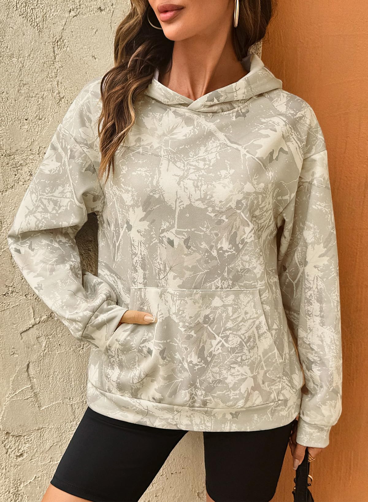 Dokotoo Hoodies for Women Long Sleeve Maple Leaf Fleece Camo Hoodie Oversized Camouflage Casual Sweatshirt Hooded Tops