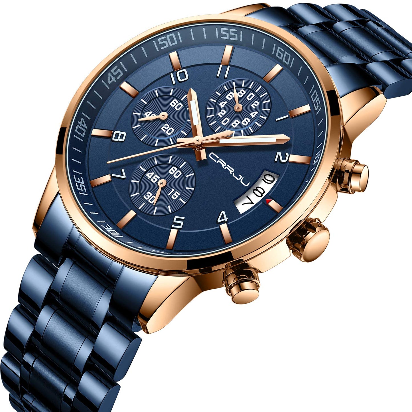 CRRJU Men's Fashion Stainless Steel Watches Date Waterproof Chronograph Wristwatches,Black Steel Band Waterproof Quartz Watch for Men