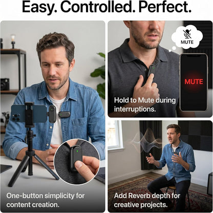 Wireless Mini Microphone for iPhone Android,Mini Mic for Video Recording,Plug & Play Lapel Professional Mic with Noise Reduction, Mute, and Reverb for YouTube TikTok Vlog Podcast