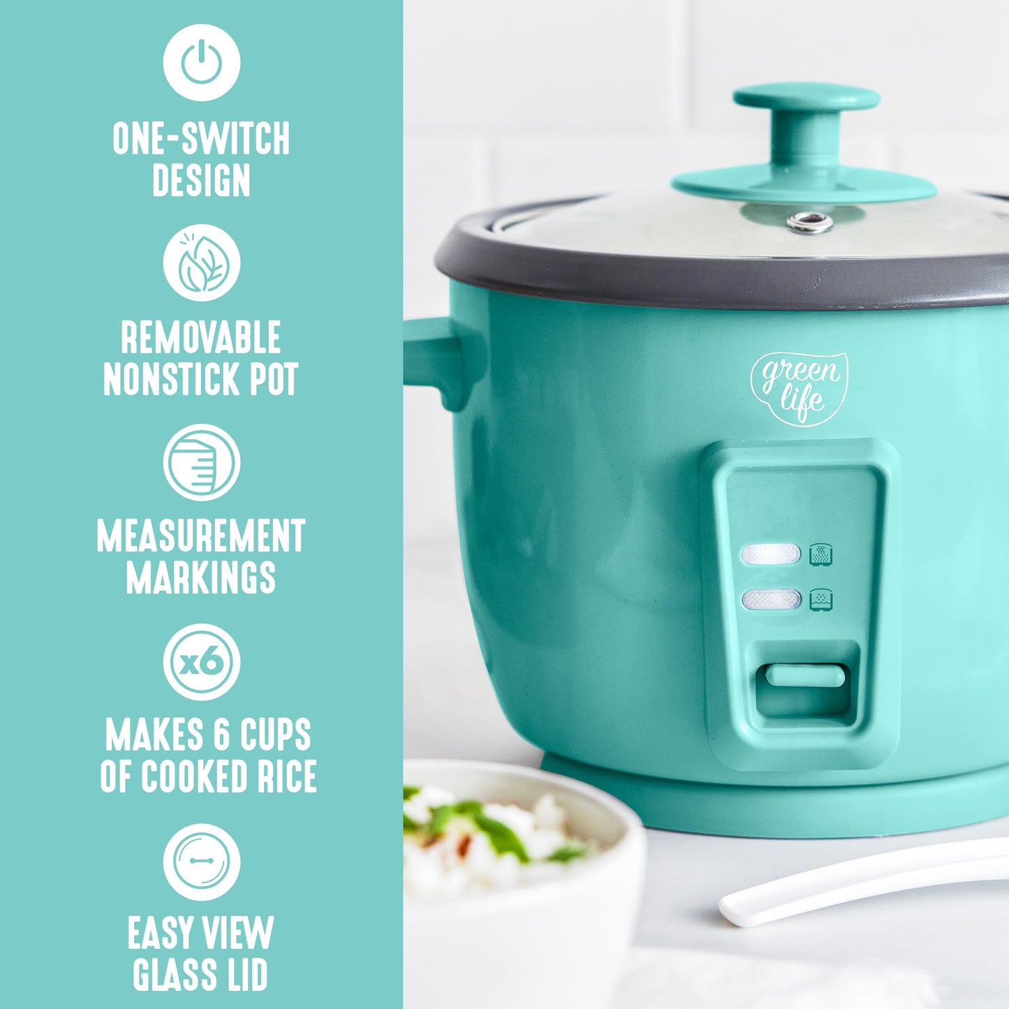GreenLife Rice Cooker with Removable PFAS-Free Ceramic Nonstick Pot, 3-Cups Uncooked/6-Cups Cooked, Grains & Oatmeal Multicooker, Compact One-Switch Design, Auto Keep Warm, Easy Clean, Cream